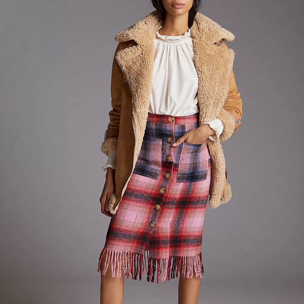 Anthropologie NWT Maeve Fringed Plaid Mini Skirt